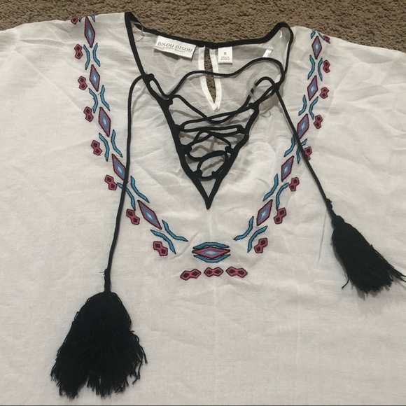 Bisou Bisou Michele Bohbot Embroidered Tassel Poncho Cover-up Top Cotton Size S - Picture 2 of 7